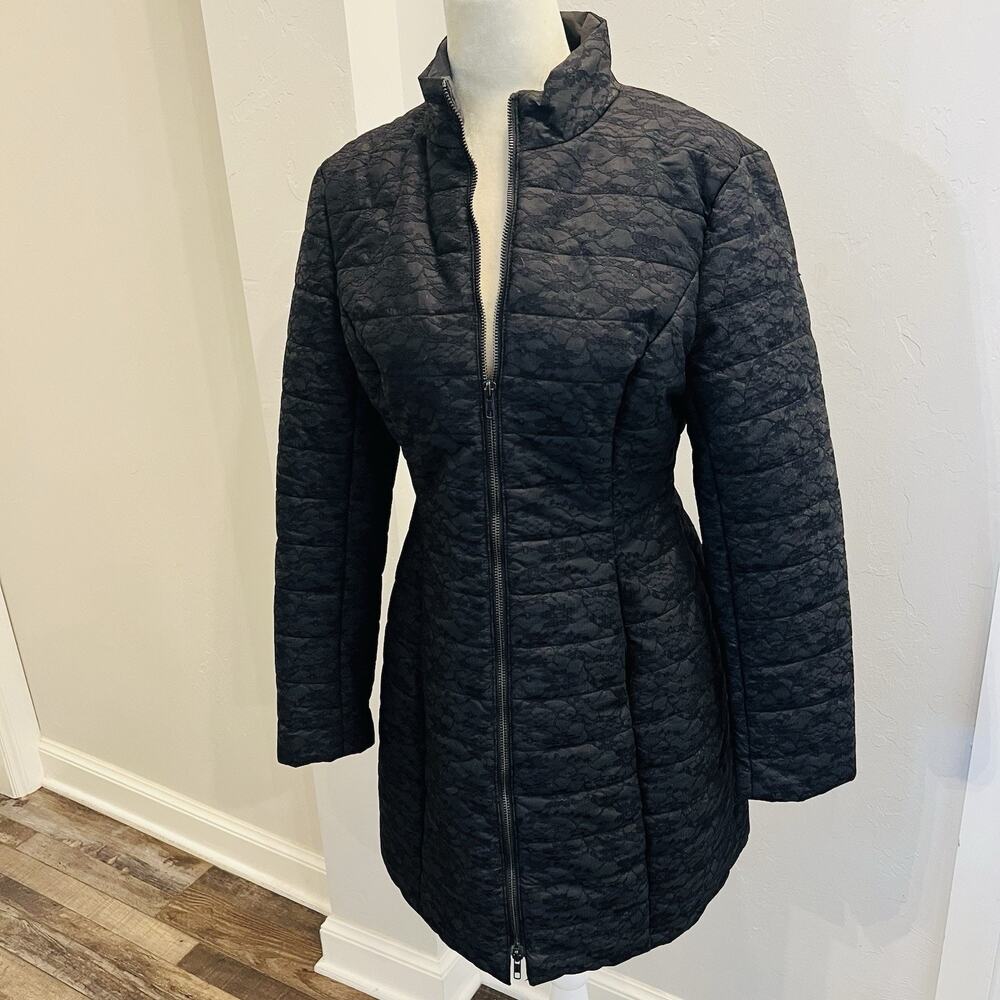 Ark Co Women’s Puffer Quilted Lace Jacket Size M Long Overcoat Black (A0125)